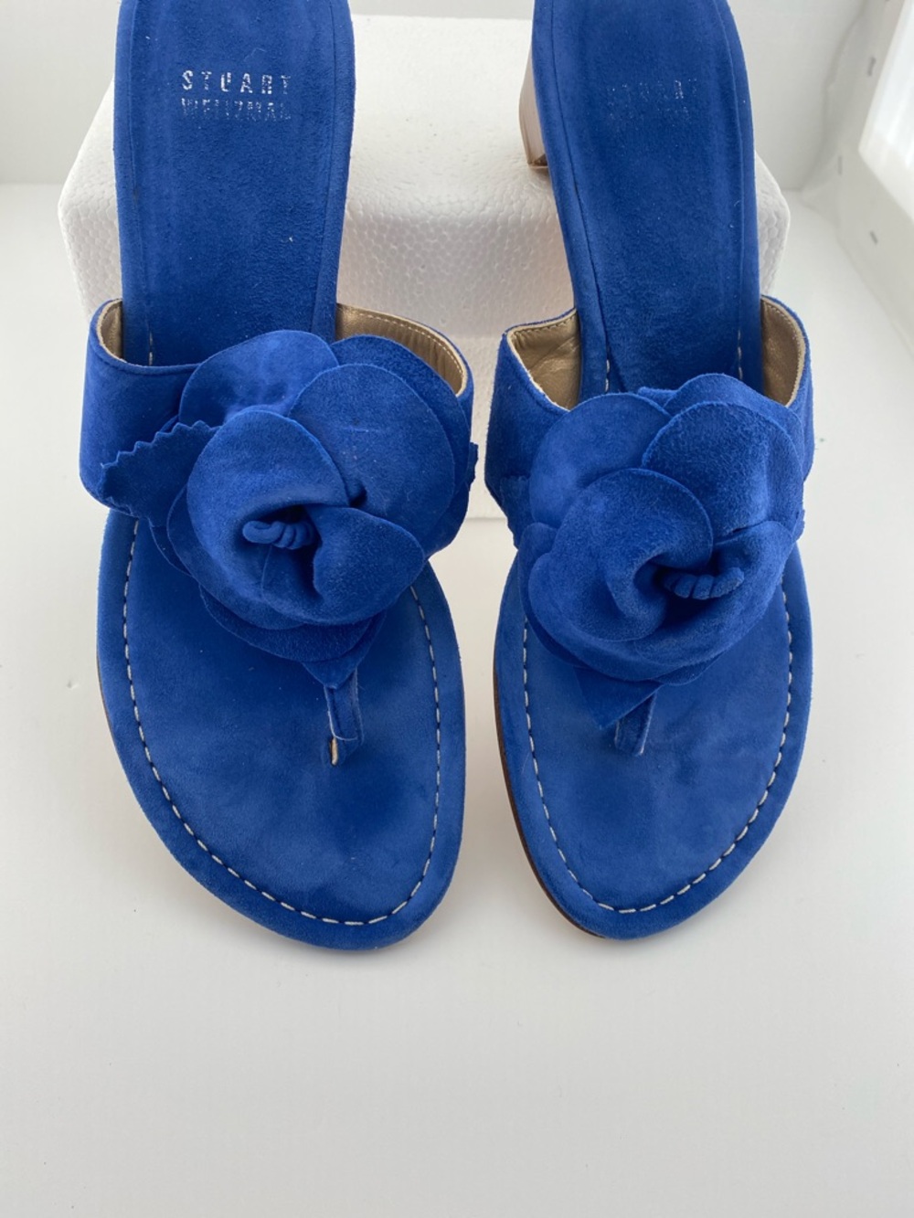 Stuart Weitzman Royal Blue Suede Floral Toe-Post Sandals